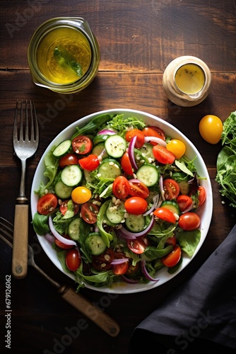 Overhead view of salad in bowl on counter top.