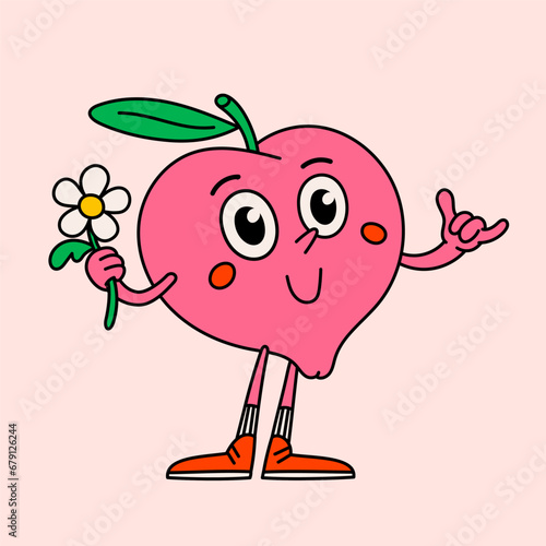 Retro style cartoon peach character with cheerful expression. Groovy vintage 70s peach character with funny face and daisy, showing shaka gesture