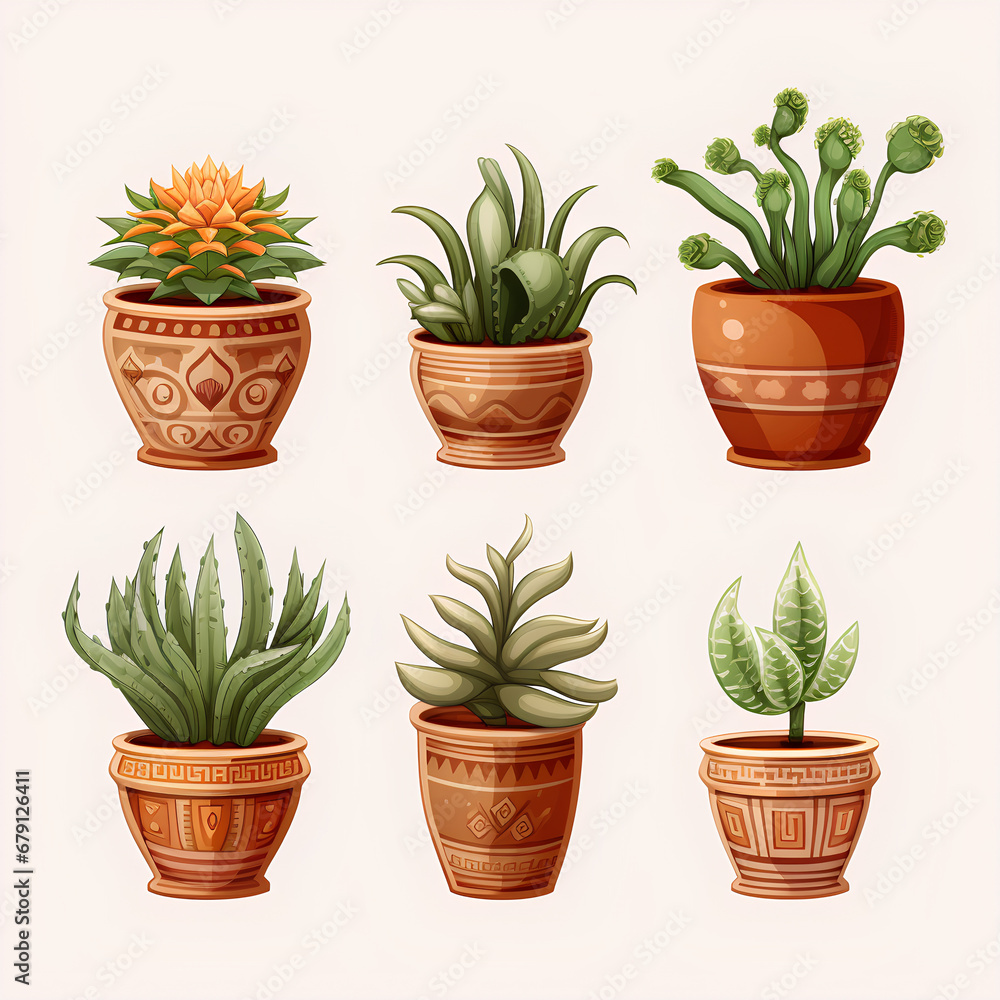 Plants in clay pots, isolated on transparent background, PNG, 300 DPI Plants in clay pots, isolated on transparent background, PNG, 300 DPI