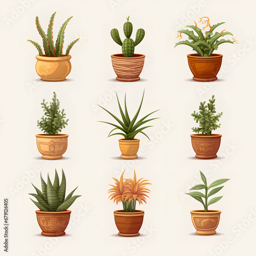 Plants in clay pots, isolated on transparent background, PNG, 300 DPI © Leokensiro