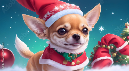 A cute chihuahua wears a Santa Claus costume on Christmas day with beautiful decorations. © Nutta