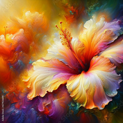 Imagine a vibrant oil painting capturing the ethereal beauty of a hisbiscus flower in full bloom.  photo