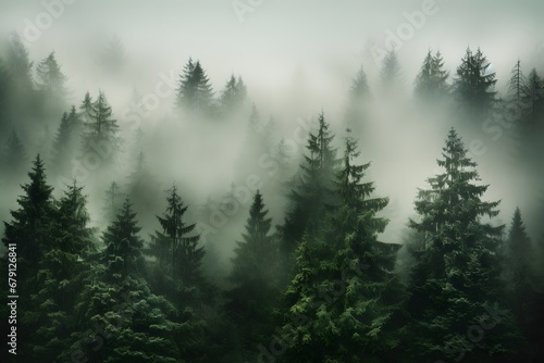 view of a green alpine trees forest with mountains at back covered with fog and mist in winter