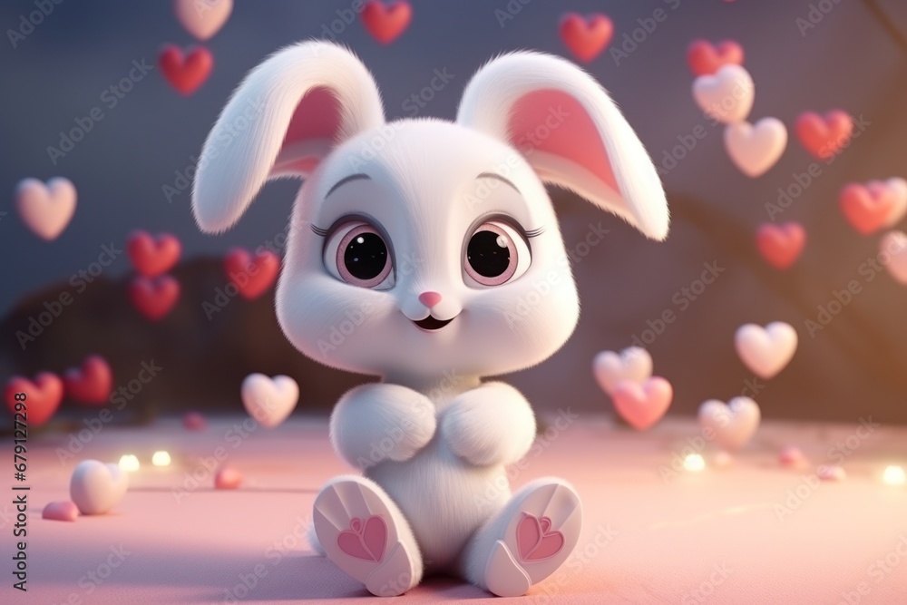 Animated rabbit with big eyes holding heart, night ambiance with floating hearts. Romantic and whimsical theme. Animated rabbit with big eyes holding heart, night ambiance with floating hearts. Romantic and whimsical theme.