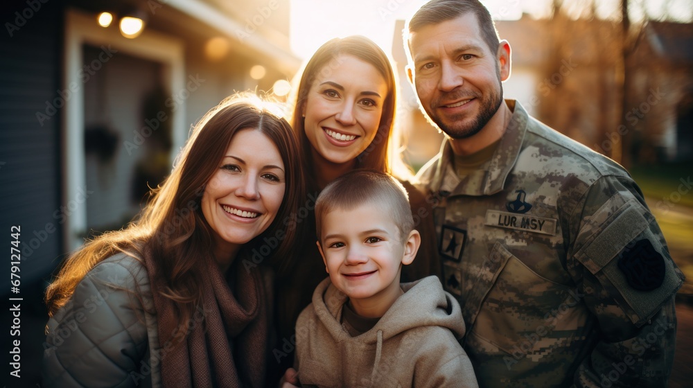 Happy American soldier with family standing smiling looking at camera outside home