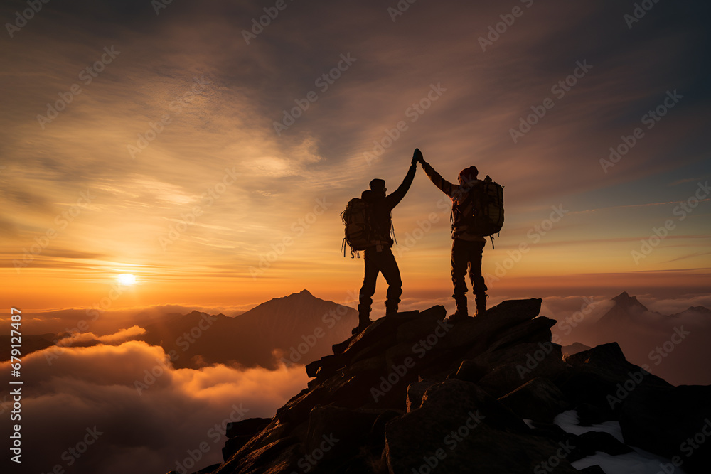 Fototapeta premium Teamwork concept, with two people giving high five on mountain top. Success, achievement and accomplishment people