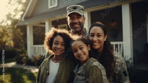 Happy American soldier with family standing smiling looking at camera outside home photo