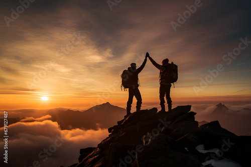 Teamwork concept, with two people giving high five on mountain top. Success, achievement and accomplishment people