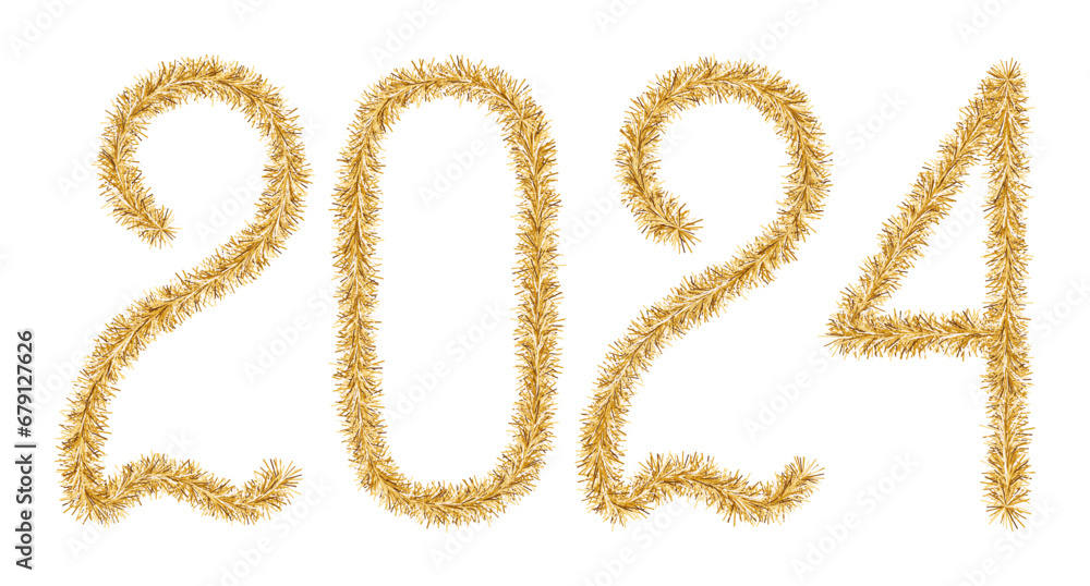 Tinsel. 2024. Lettering from a festive Christmas decoration. Fluffy numbers. Golden color. Vector illustration. Isolated background. Cute plush message. The coming year. Rustling lettering. Tinsel. 2024. Lettering from a festive Christmas decoration. Fluffy numbers. Golden color. Vector illustration. Isolated background. Cute plush message. The coming year. Rustling lettering.