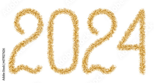 Tinsel. 2024. Lettering from a festive Christmas decoration. Fluffy numbers. Golden color. Vector illustration. Isolated background. Cute plush message. The coming year. Rustling lettering. 