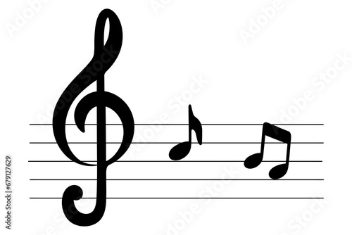 Note writing. Silhouette. On a stave of five lines, a treble clef and notes are drawn. Musical signs. Vector illustration. Isolated background. Play the melody. Idea for web design.