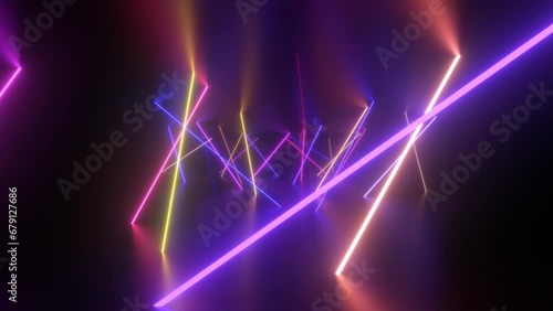 Fly Through Neon Glow Angled Laser Beams Illuminating 3D Tunnel Room - 4K Seamless VJ Loop Motion Background Animation