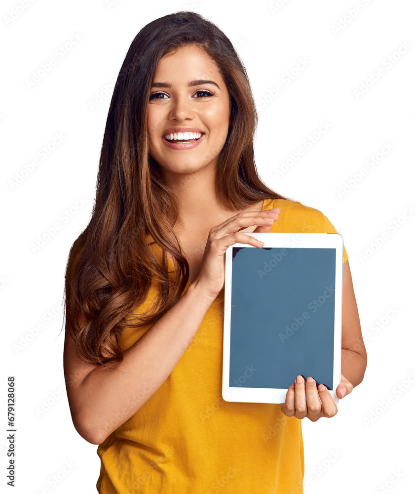 Portrait of happy woman, tablet or mockup on screen for advertising, marketing or website. Png background, transparent or isolated person with smile or tech for app, space or presentation online Portrait of happy woman, tablet or mockup on screen for advertising, marketing or website. Png background, transparent or isolated person with smile or tech for app, space or presentation online
