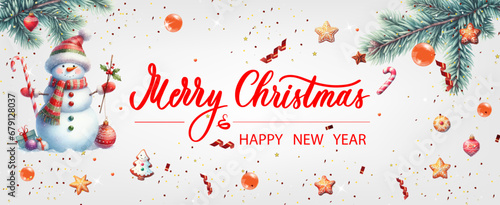 Christmas banner. Xmas background objects viewed from above. Calligraphy text Merry Christmas and Happy New Year.