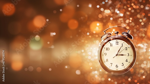 A golden alarm clock, standing against a warm, festive bokeh background, Glittering wall clock on brown bokeh background
