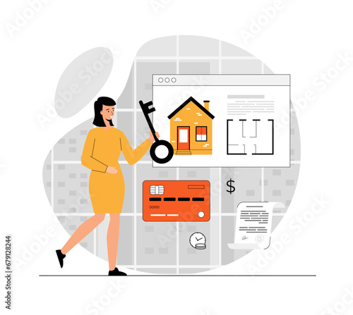 Real estate online. Woman looking for apartment for rent or buy, signing lease contract and pays by credit card. Illustration with people scene in flat design for website and mobile development.