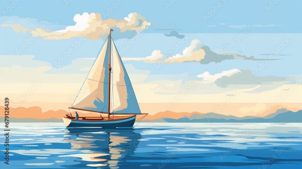 Serene sailboat journey at sea, golden sunset hues, tranquil water reflections