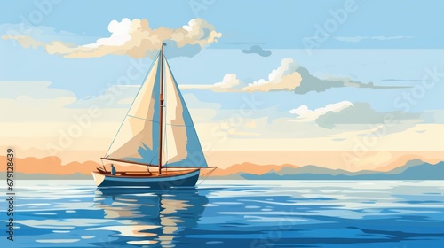 Serene sailboat journey at sea, golden sunset hues, tranquil water reflections