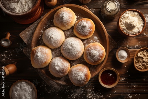 A plate of freshly made Sufganiyot treat that are filled with jelly or jam and dusted with powdered sugar, is Traditional Jewish donuts during Hanukkah celebration.