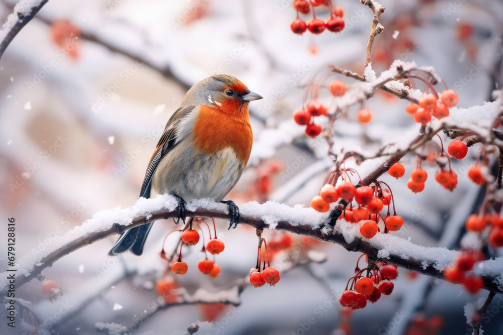 Colorful bird sitting on mountain ash branch in winter snow day Colorful bird sitting on mountain ash branch in winter snow day