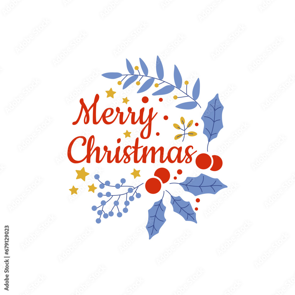 Postcard with text merry christmas with xmas decorations and typography design. Postcard with text merry christmas with xmas decorations and typography design.