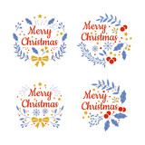 Postcard with text merry christmas with xmas decorations and typography design.