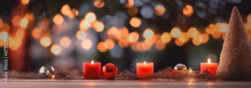 Christmas wooden table mockup with Christmas-tree, balls, candle and lights background