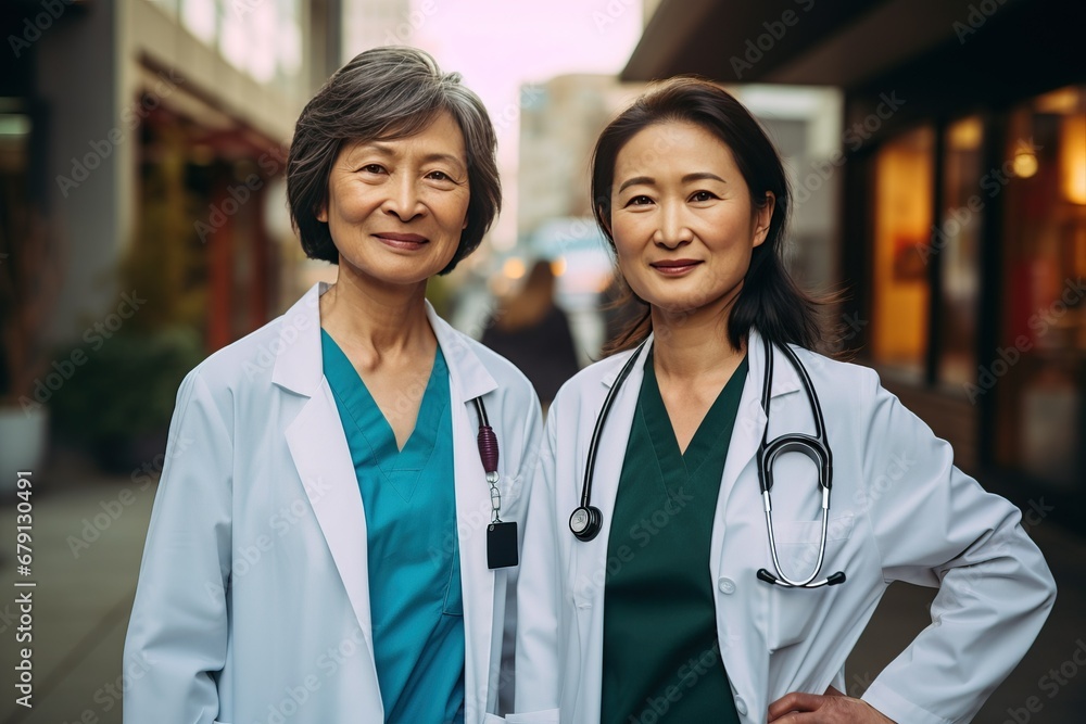 Portrait of two female doctors in uniform, representing women in the field of medicine, advocating for gender equality. International Women's Day Portrait of two female doctors in uniform, representing women in the field of medicine, advocating for gender equality. International Women's Day