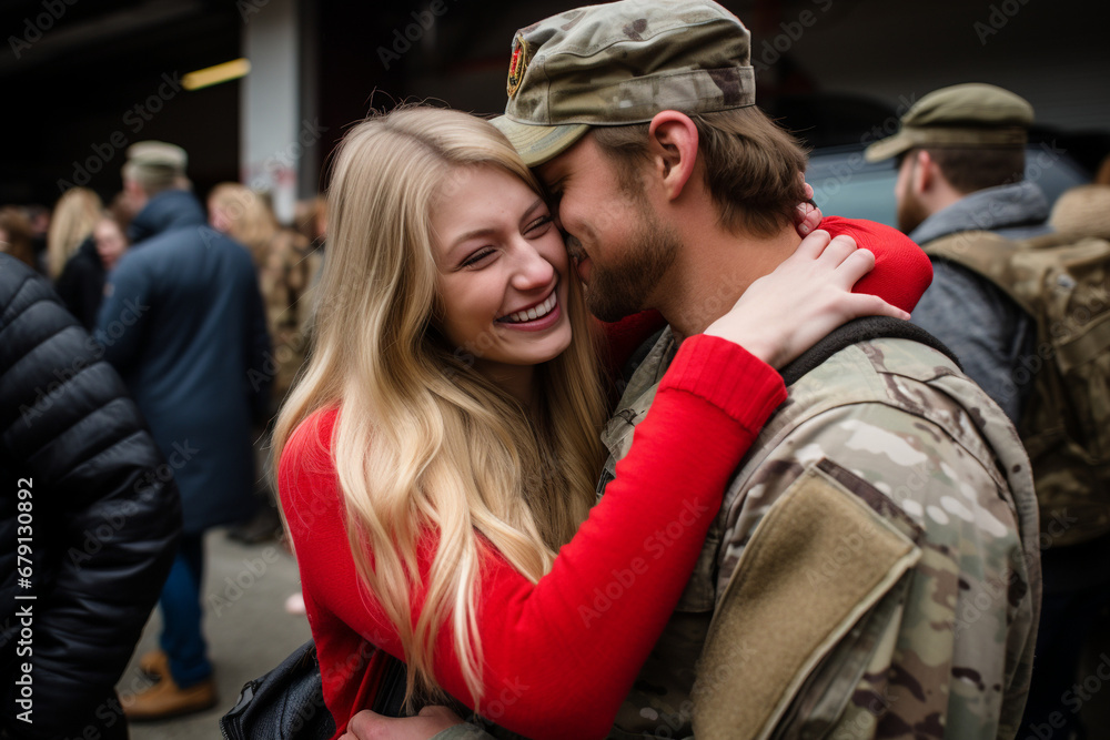 Fototapeta premium Homebound Joy: Emotional and Happy Military Homecoming Moment