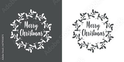 Logo con palabra en texto manuscrito Merry Christmas en silueta de corona navide  a de hojas y bayas de acebo para tarjetas y felicitaciones