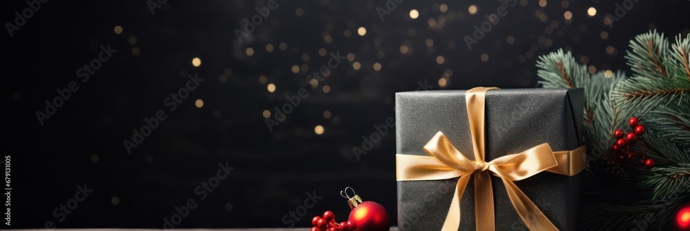 Wrapped Christmas gifts on dark rustic wooden table with fir tree branches and ball decoration Wrapped Christmas gifts on dark rustic wooden table with fir tree branches and ball decoration