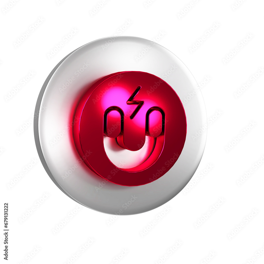 Red Magnet icon isolated on transparent background. Horseshoe magnet, magnetism, magnetize, attraction. Silver circle button. Red Magnet icon isolated on transparent background. Horseshoe magnet, magnetism, magnetize, attraction. Silver circle button.