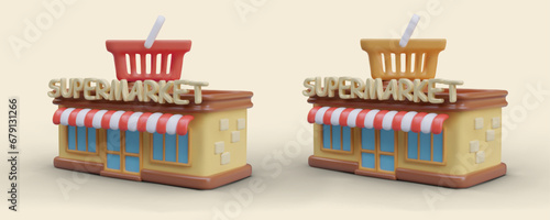 3d realistic model of supermarket on yellow background. Shopping red cart on grocery store. Shopping store supermarket. Buying groceries and different products. Vector illustration