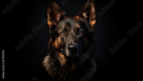 Intense gaze of a German Shepherd, highlighted in moody lighting © Alex