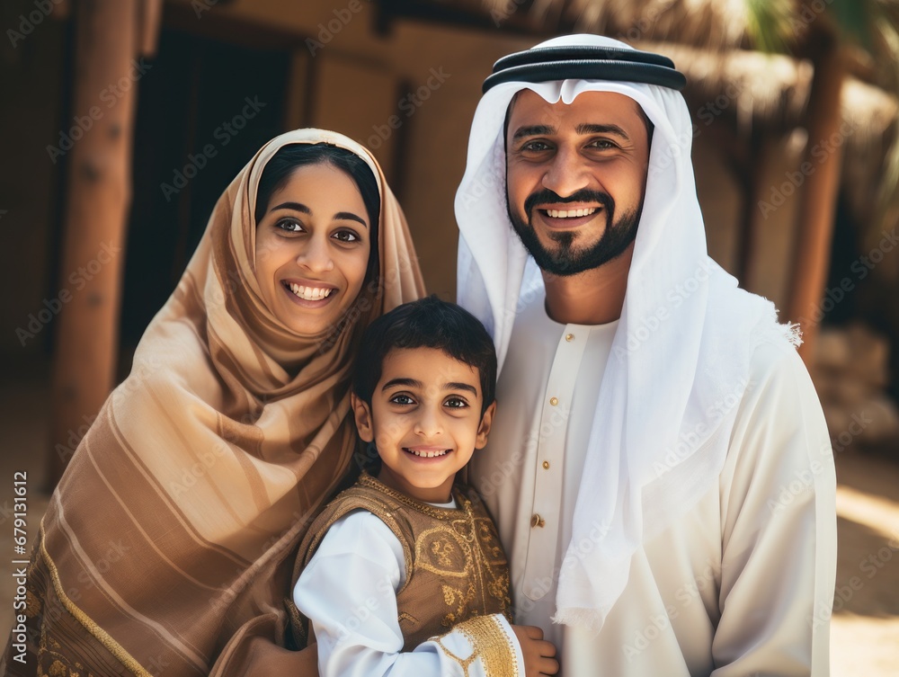 Picture of an Arab family dressed in national costumes, smiling, looking at the camera. Picture of an Arab family dressed in national costumes, smiling, looking at the camera.