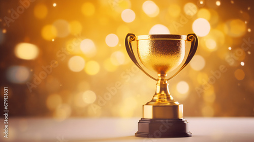 Golden trophy award with bokeh soft gold background
