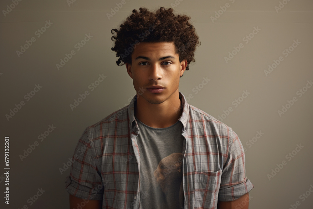 Studio Stunner: Curly-Haired Man with Freckles Strikes a Pose Studio Stunner: Curly-Haired Man with Freckles Strikes a Pose