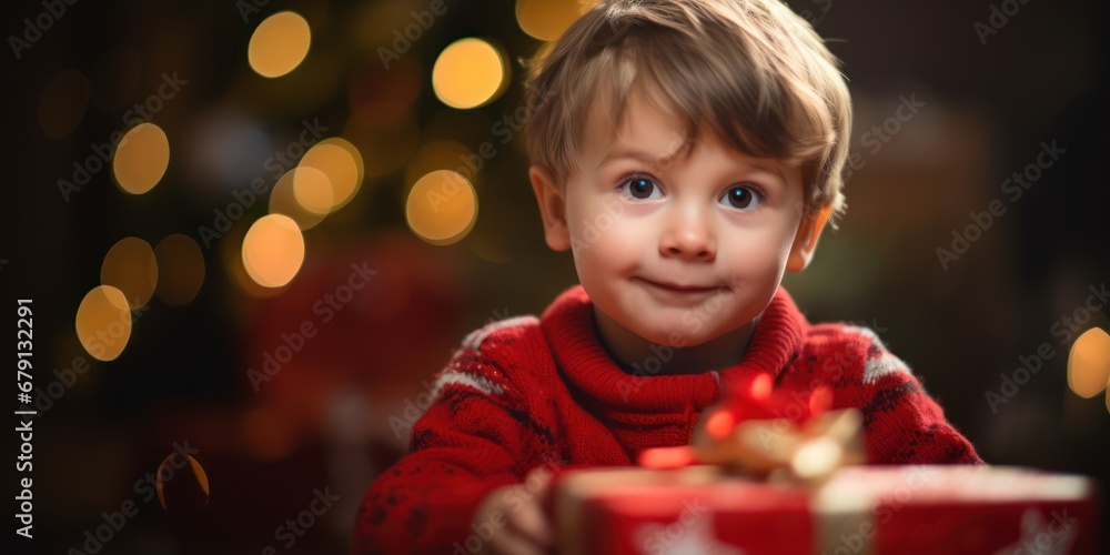 Surprised boy is holding a gift box, unboxing a christmas present banner, Christmas and Happy new year surprise gift unboxing, copy space, advertising, banner Surprised boy is holding a gift box, unboxing a christmas present banner, Christmas and Happy new year surprise gift unboxing, copy space, advertising, banner