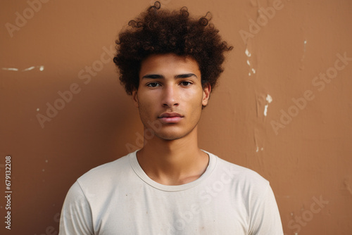Curly Charm: Freckled Man Poses with Afro Hairstyle in Studio