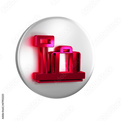 Red Scale with suitcase icon isolated on transparent background. Logistic and delivery. Weight of delivery package on a scale. Silver circle button.