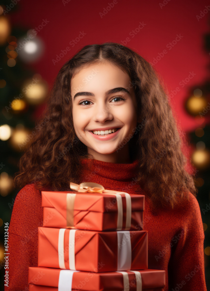 Portrait of a cute little girl holding New Year's gifts. Festive mood. Bokeh lights in background.