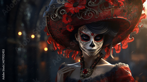 A participant displays her makeup and head dress at the Dia de los Muertos Day of the Dead festival