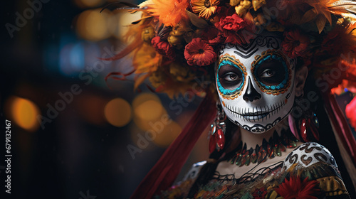 A participant displays her makeup and head dress at the Dia de los Muertos Day of the Dead festival photo