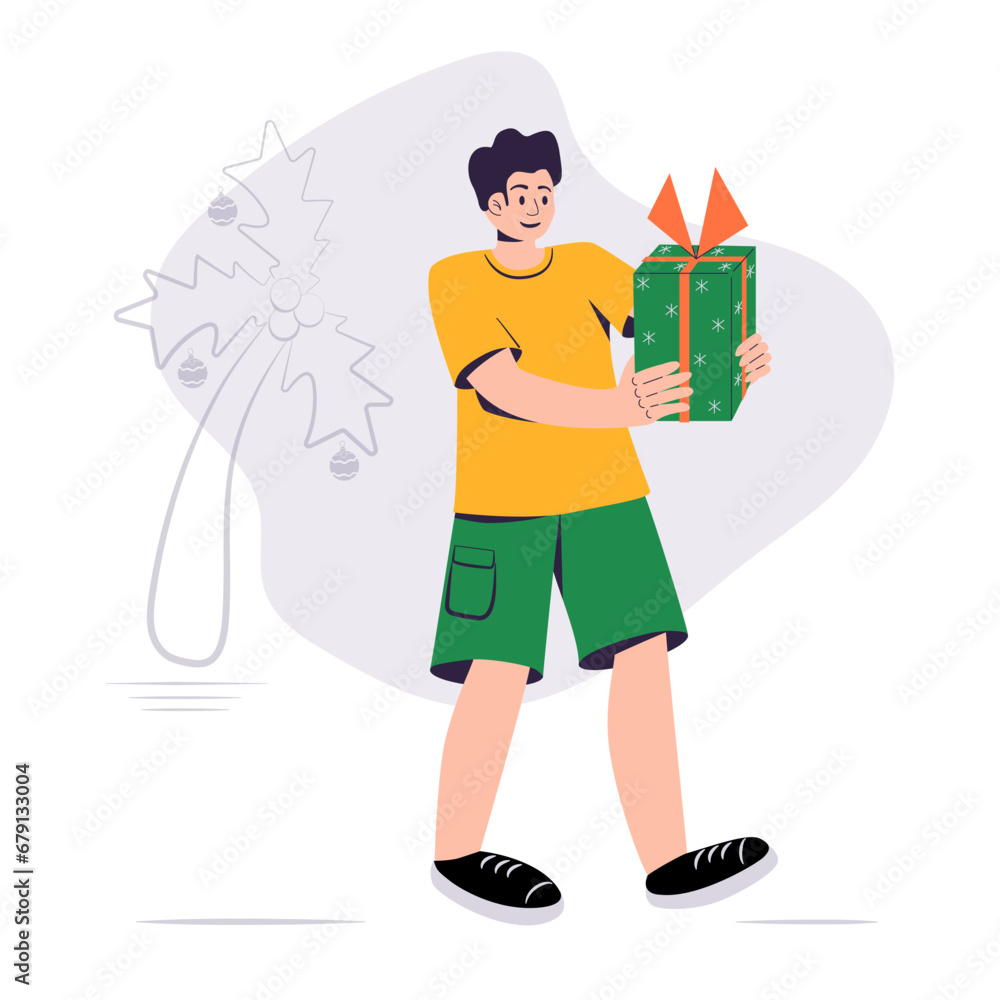 Young person with Christmas gift in south. Man in summer clothes with present box on the beach. Hot Christmas concept illustration. Young person with Christmas gift in south. Man in summer clothes with present box on the beach. Hot Christmas concept illustration.