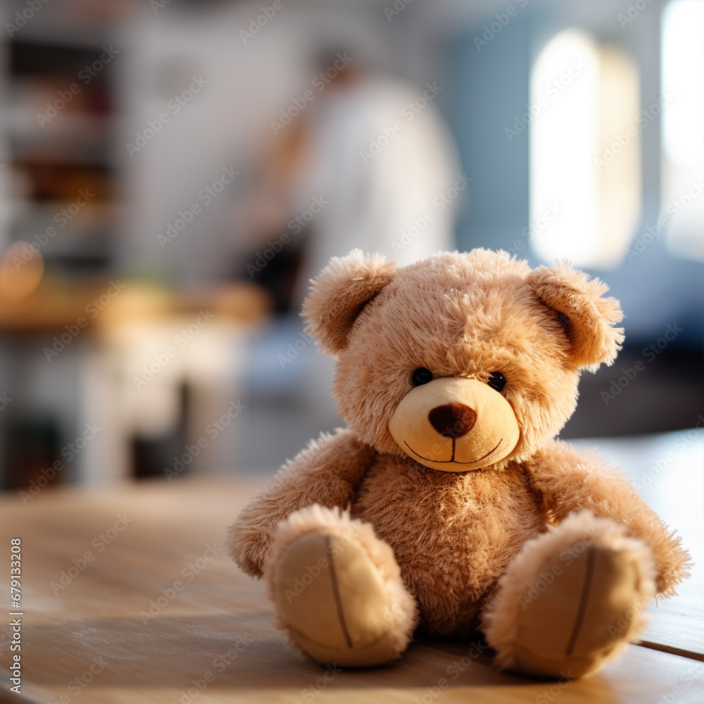 Kid's bear toy on the table in the room, ai technology