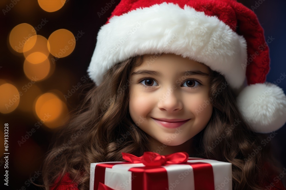 Surprised girl is holding a gift box for Merry Christmas and Happy New Year Banner, kid wearing hat while holding a Christmas gift box, Night Glitter Lights Background with copy space Surprised girl is holding a gift box for Merry Christmas and Happy New Year Banner, kid wearing hat while holding a Christmas gift box, Night Glitter Lights Background with copy space