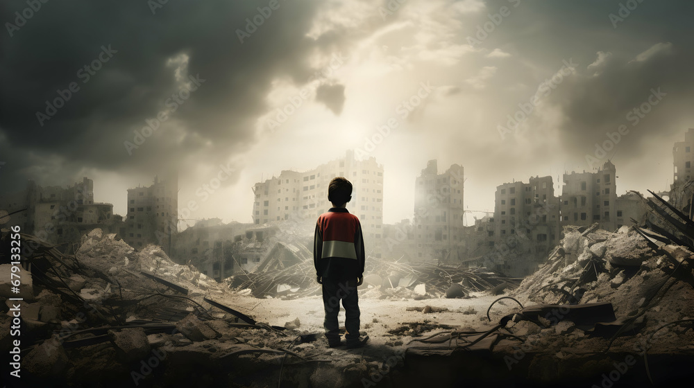 A young boy stand in front of Palestinian flag with destroy buildings,Generative by Ai. A young boy stand in front of Palestinian flag with destroy buildings,Generative by Ai.