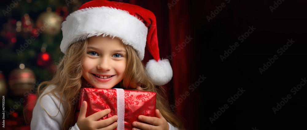 Surprised happy girl is holding a gift box, unboxing a christmas present banner, Christmas and Happy new year surprise gift unboxing, copy space, advertising, banner