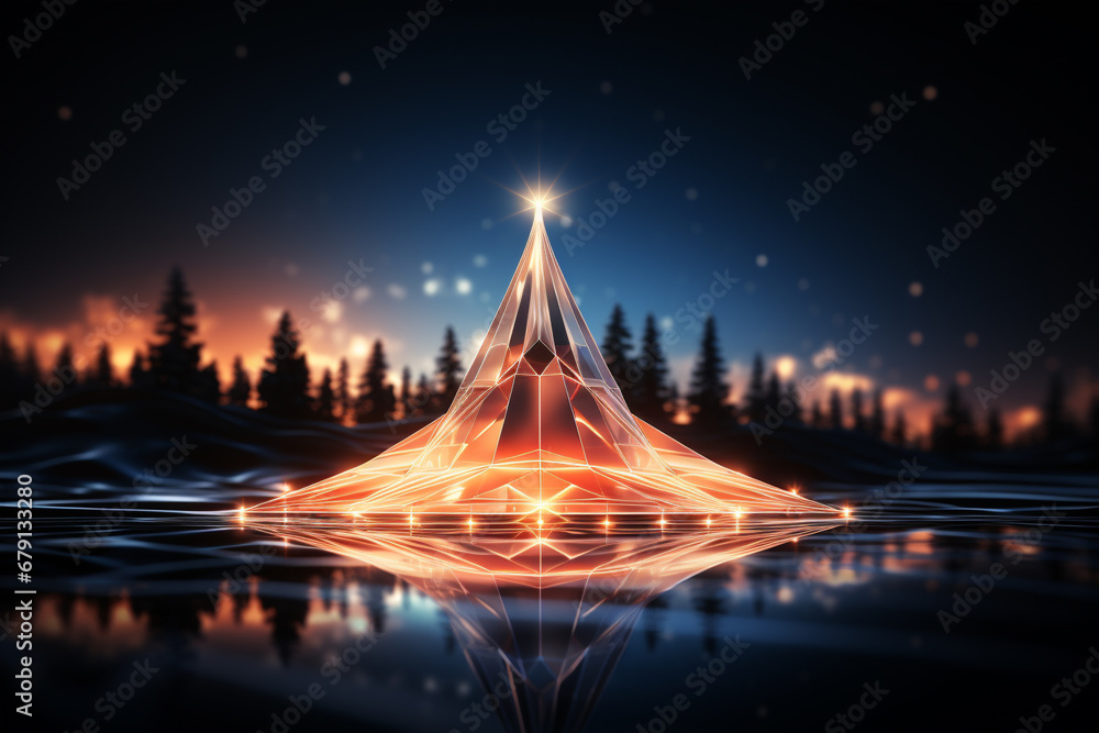 modern Christmas tree Beautiful glossy shiny with neon glow with futuristic design elements - obrazy, fototapety, plakaty 