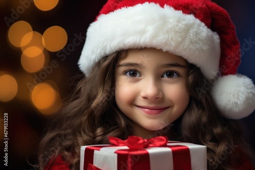 Surprised girl is holding a gift box for Merry Christmas and Happy New Year Banner, kid wearing hat while holding a Christmas gift box, Night Glitter Lights Background with copy space